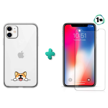 Apple iphone 11 hoesje transparant corgi hondje met 1x tempered glass screenprotector