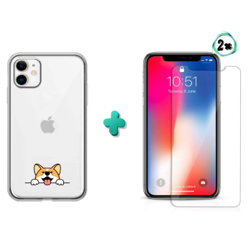 Apple iphone 11 hoesje transparant corgi hondje met 2x tempered glass screenprotector