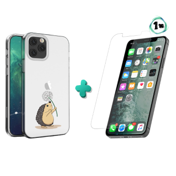 Apple iphone 12 12pro hoesje transparant egeltje met 1x tempered glass screenprotector