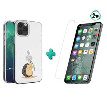 Apple iphone 12 12pro hoesje transparant egeltje met 2x tempered glass screenprotector