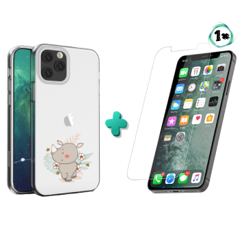 Apple iphone 12 12pro hoesje transparant neushoorntje jungle met 1x tempered glass screenprotector