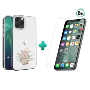 Apple iphone 12 12pro hoesje transparant neushoorntje jungle met 2x tempered glass screenprotector