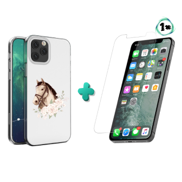 Apple iphone 12 12pro hoesje transparant wit paard rozen met 1x tempered glass screenprotector