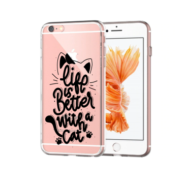 Apple iphone 6+ / 6S+ siliconen hoesje transparant life is better with a cat